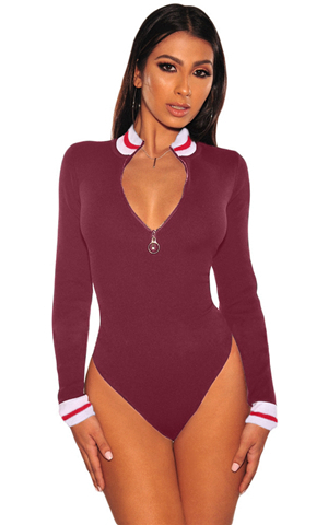 BY32308-3 CLARET WHITE RED STRIPED RIBBED KNIT MOCK NECK ZIPPER BODYSUIT